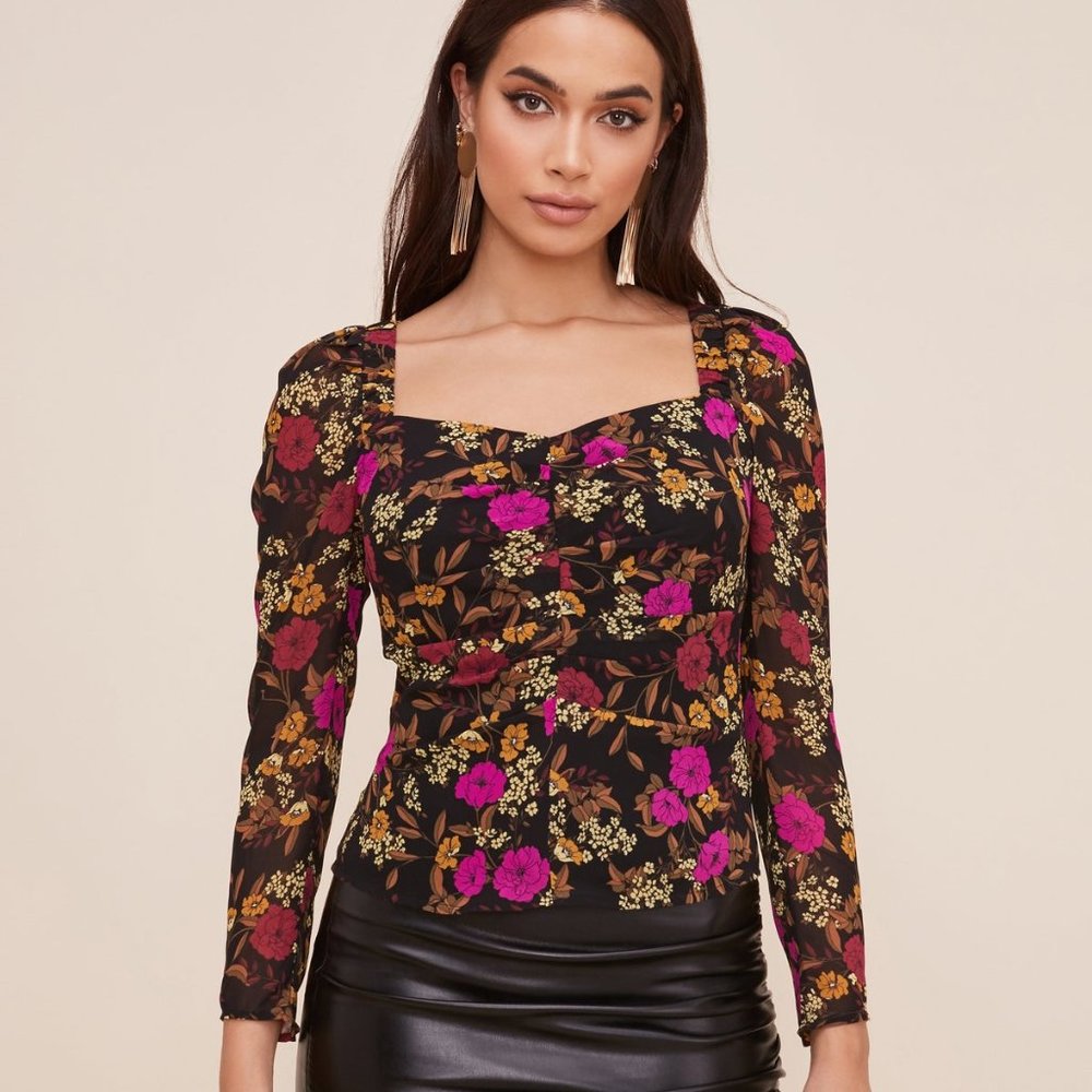 ASTR the Label Floral Long Sleeve Sweetheart Back Tie Blouse Size Small